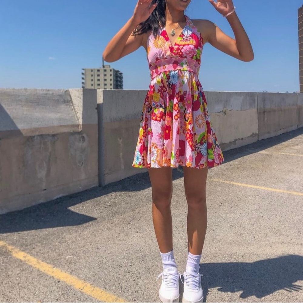 Vintage Pink and Orange Bright Summer Backless Dress